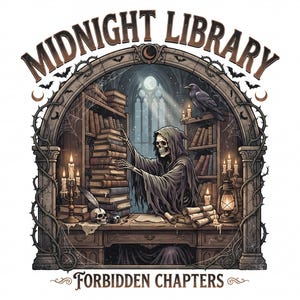 Pu&ograve; includere: Un design grafico raffigurante uno scheletro con tunica con cappuccio a una scrivania in una biblioteca, con pile di libri, un corvo, candele e una lanterna. Il testo MIDNIGHT LIBRARY appare in alto e FORBIDDEN CHAPTERS in basso.