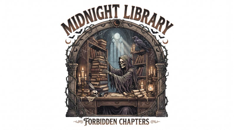 Pu&ograve; includere: Un design grafico raffigurante uno scheletro con tunica con cappuccio a una scrivania in una biblioteca, con pile di libri, un corvo, candele e una lanterna. Il testo MIDNIGHT LIBRARY appare in alto e FORBIDDEN CHAPTERS in basso.