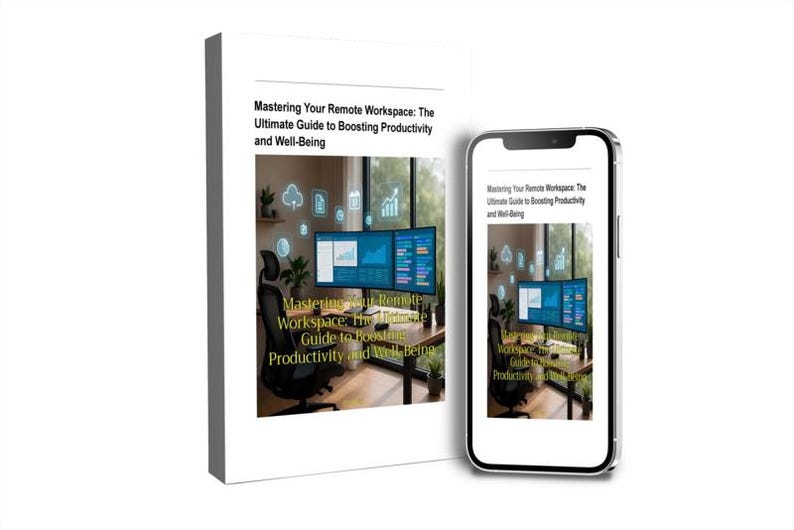 K&ouml;nnte beinhalten: Ein Buch und ein Smartphone zeigen das Cover von "Mastering Your Remote Workspace: The Ultimate Guide to Boosting Productivity and Well-Being". Das Buch ist wei&szlig; mit schwarzem Text. Das Smartphone zeigt dasselbe Bild.