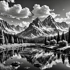 May include: A black and white photograph of a mountain range reflected in a still lake. The mountains are snow-capped and the sky is cloudy. There are trees lining the shore of the lake.