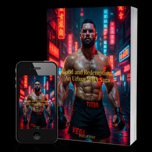 Może przedstawiać: Okładka książki i smartfon z napisem "Blood and Redemption: An Urban MMA Saga". Okładka przedstawia umięśnionego mężczyznę w czarnych szortach z napisami "TITAN" i "VEGA" na tle neonowego miejskiego krajobrazu. Książka jest wyświetlana obok smartfona.
