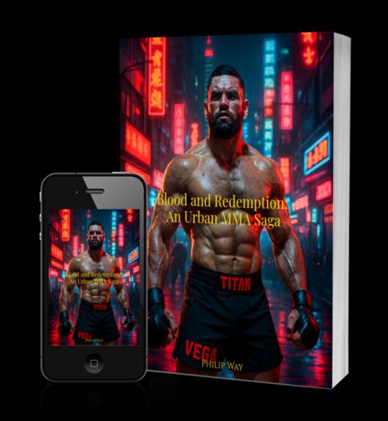 Może przedstawiać: Okładka książki i smartfon z napisem "Blood and Redemption: An Urban MMA Saga". Okładka przedstawia umięśnionego mężczyznę w czarnych szortach z napisami "TITAN" i "VEGA" na tle neonowego miejskiego krajobrazu. Książka jest wyświetlana obok smartfona.
