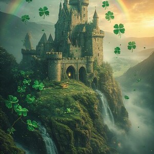 Puede incluir: Ilustraci&oacute;n digital de un castillo de piedra sobre un acantilado verde, con cascadas. Un arco&iacute;ris se arquea sobre el castillo y tr&eacute;boles verdes flotan en el cielo. La escena evoca fantas&iacute;a y herencia irlandesa.