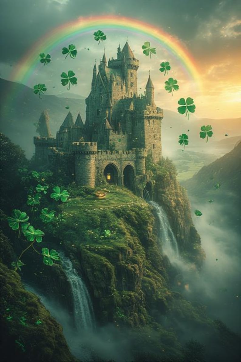 Puede incluir: Ilustraci&oacute;n digital de un castillo de piedra sobre un acantilado verde, con cascadas. Un arco&iacute;ris se arquea sobre el castillo y tr&eacute;boles verdes flotan en el cielo. La escena evoca fantas&iacute;a y herencia irlandesa.