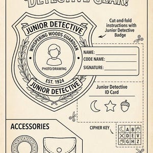 Puede incluir: Una hoja de actividades imprimible de equipo de detective que incluye una insignia de detective junior, una tarjeta de identificaci&oacute;n con l&iacute;neas para nombre y firma, una clave de cifrado, una plantilla de anillo decodificador y un patr&oacute;n.