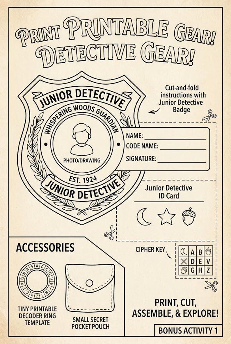 Puede incluir: Una hoja de actividades imprimible de equipo de detective que incluye una insignia de detective junior, una tarjeta de identificaci&oacute;n con l&iacute;neas para nombre y firma, una clave de cifrado, una plantilla de anillo decodificador y un patr&oacute;n.