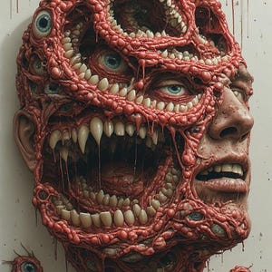 Puede incluir: Una obra de arte grotesca y surrealista que representa un rostro humano distorsionado con m&uacute;ltiples ojos, dientes y carne expuesta. La pieza es predominantemente roja y carnosa, con ojos azules y dientes afilados. La obra evoca una sensaci&oacute;n de horror y horror corporal.