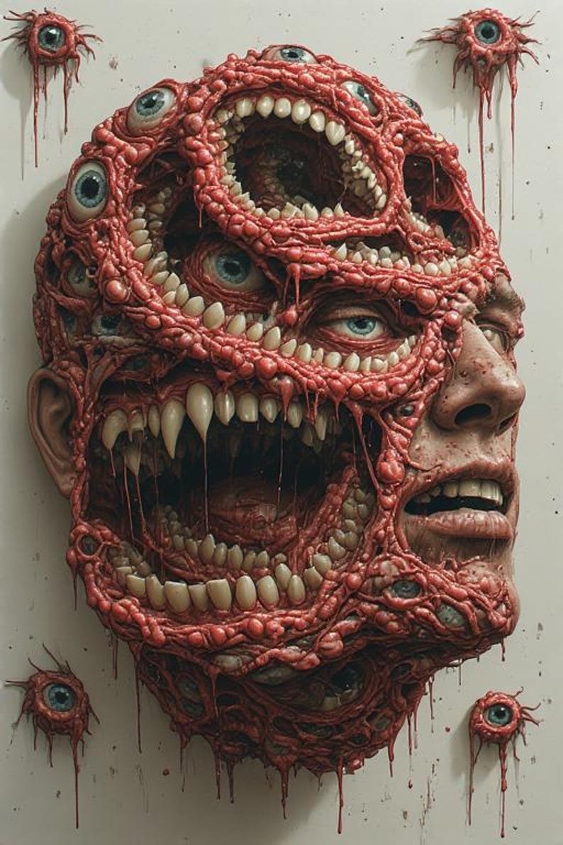 Puede incluir: Una obra de arte grotesca y surrealista que representa un rostro humano distorsionado con m&uacute;ltiples ojos, dientes y carne expuesta. La pieza es predominantemente roja y carnosa, con ojos azules y dientes afilados. La obra evoca una sensaci&oacute;n de horror y horror corporal.