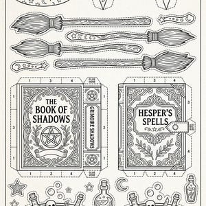 May include: A black and white papercraft kit titled Witch's Papercraft Kit featuring cut-out shapes including a witch hat, brooms, two books titled The Book of Shadows and Hesper's Spells, and two bubbling cauldrons with skulls and potion bottles.