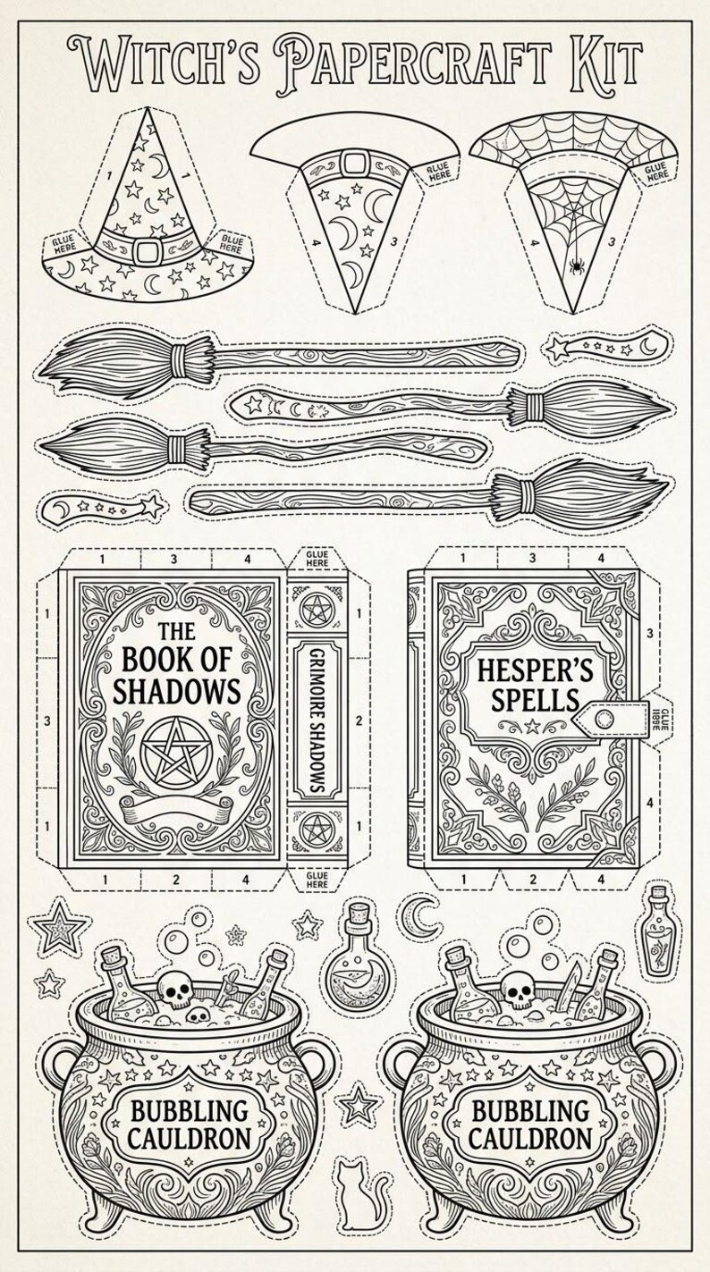 May include: A black and white papercraft kit titled Witch's Papercraft Kit featuring cut-out shapes including a witch hat, brooms, two books titled The Book of Shadows and Hesper's Spells, and two bubbling cauldrons with skulls and potion bottles.
