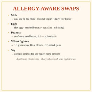 May include: A white informational chart titled ALLERGY-AWARE SWAPS with dark text listing food alternatives for milk, eggs, peanuts, wheat, gluten, and soy. It includes specific suggestions like oat milk, flax egg, and sunflower seed butter.
