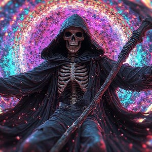 Puede incluir: Ilustraci&oacute;n digital de una figura esquel&eacute;tica con una capa negra con capucha, sosteniendo un bast&oacute;n, sobre un fondo arremolinado de morado, rosa y azul. El esqueleto es visible, con un tema de fantas&iacute;a o g&oacute;tico.