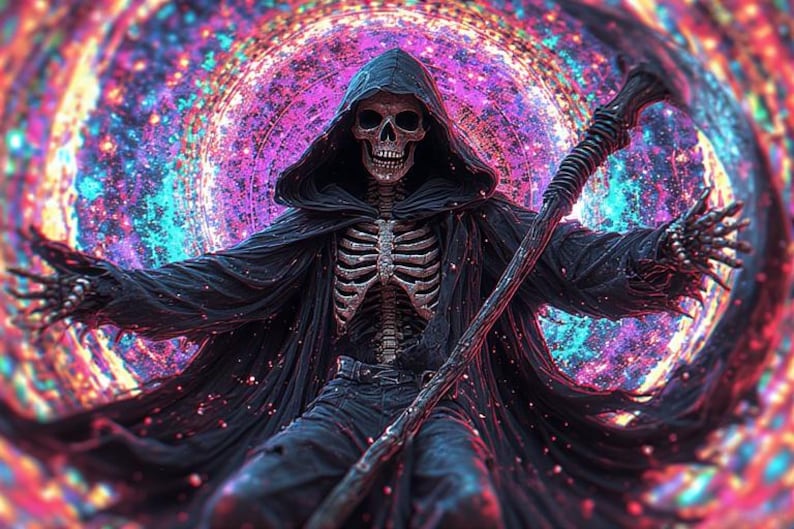 Puede incluir: Ilustraci&oacute;n digital de una figura esquel&eacute;tica con una capa negra con capucha, sosteniendo un bast&oacute;n, sobre un fondo arremolinado de morado, rosa y azul. El esqueleto es visible, con un tema de fantas&iacute;a o g&oacute;tico.