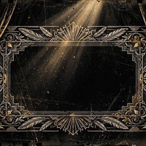 May include: A rectangular frame featuring intricate gold and white geometric patterns, sunburst motifs, and feather-like details. The frame is set against a dark background flanked by heavy, draped curtains with tassels, illuminated by a single beam of light.