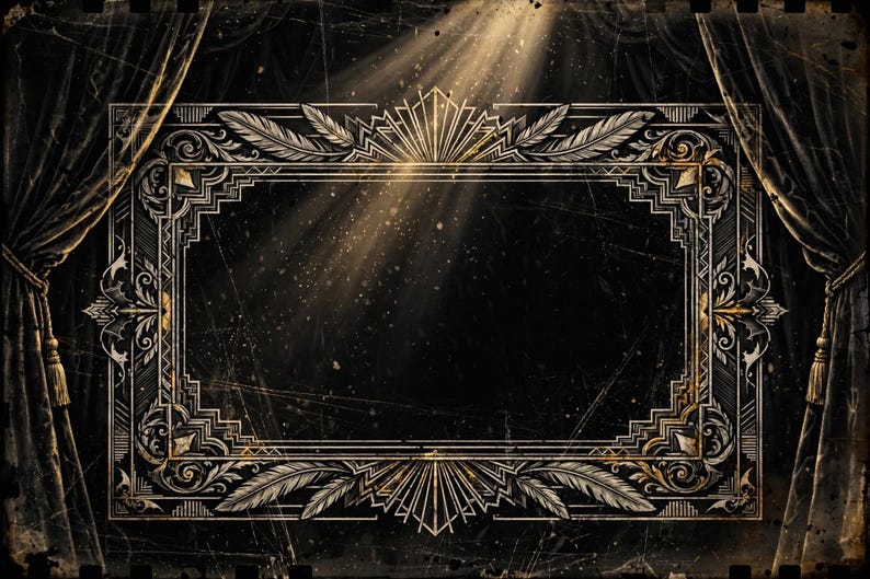 May include: A rectangular frame featuring intricate gold and white geometric patterns, sunburst motifs, and feather-like details. The frame is set against a dark background flanked by heavy, draped curtains with tassels, illuminated by a single beam of light.