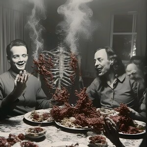 May include: A surreal black and white image of a dinner party. Guests are seated around a table laden with food, with a skeleton figure and wisps of smoke. The scene evokes a sense of mystery and the macabre.