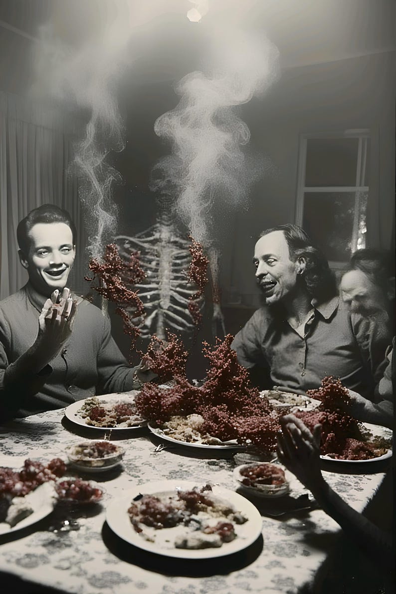 May include: A surreal black and white image of a dinner party. Guests are seated around a table laden with food, with a skeleton figure and wisps of smoke. The scene evokes a sense of mystery and the macabre.