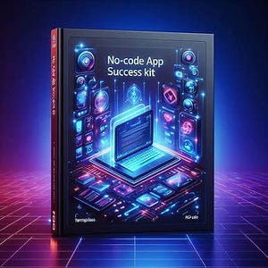 May include: A black book titled "No-code App Success Kit" with a neon blue and purple graphic of a laptop and digital components. The book's spine is red. The background is a grid of neon blue and purple lines.