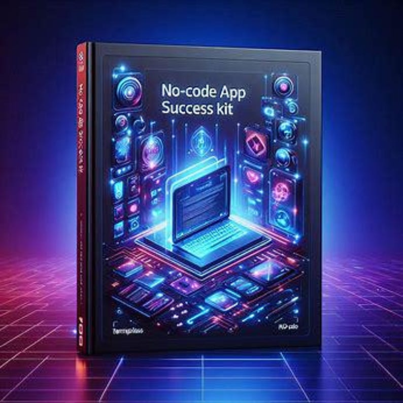 May include: A black book titled "No-code App Success Kit" with a neon blue and purple graphic of a laptop and digital components. The book's spine is red. The background is a grid of neon blue and purple lines.