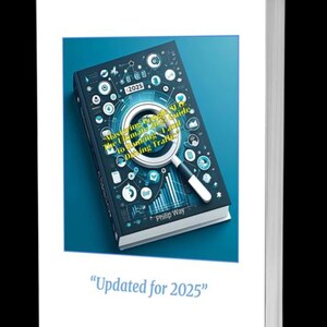 Puede incluir: Un libro titulado "Mastering SEO: The Ultimate Guide to Ranking Traffic 2025" con un gr&aacute;fico de lupa. La portada es azul oscuro con iconos y texto blancos. El libro est&aacute; sobre un fondo azul y enmarcado en blanco. El texto "Updated for 2025" est&aacute; en la parte inferior.