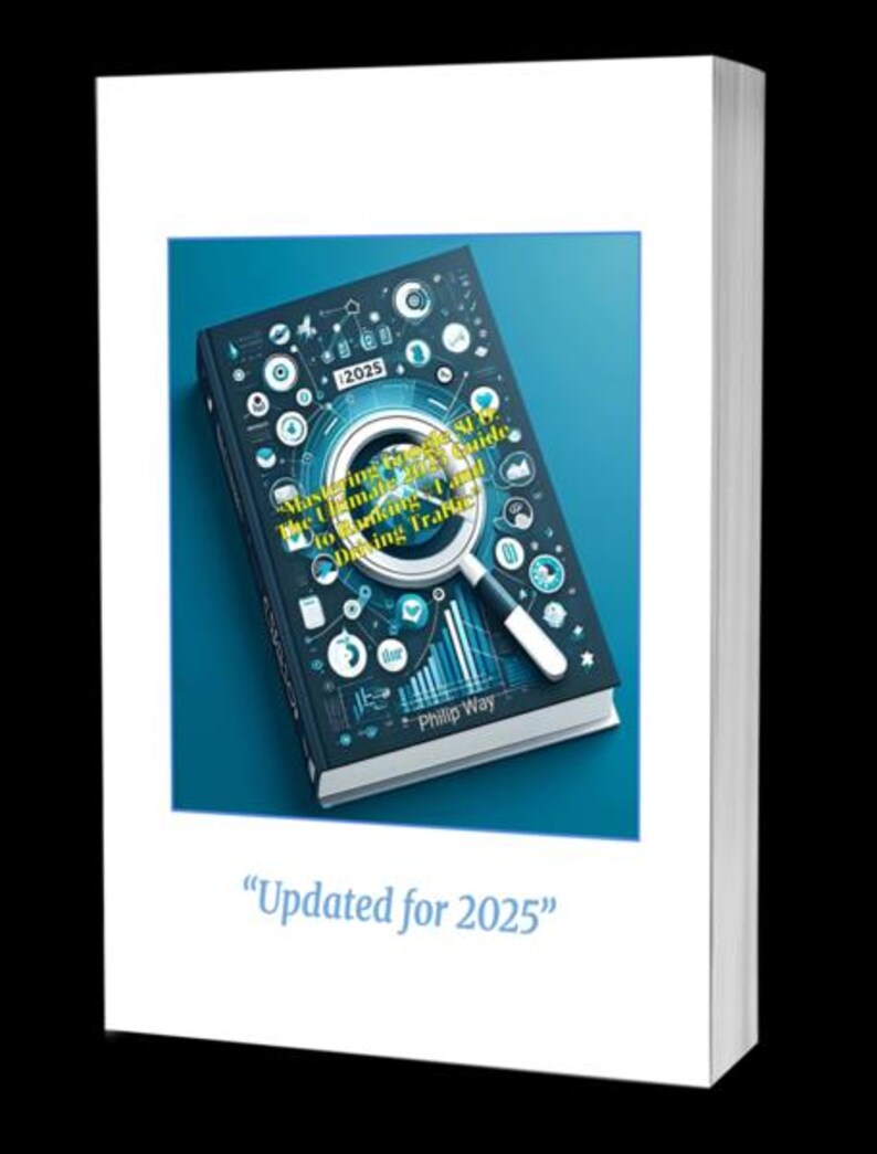 Puede incluir: Un libro titulado "Mastering SEO: The Ultimate Guide to Ranking Traffic 2025" con un gr&aacute;fico de lupa. La portada es azul oscuro con iconos y texto blancos. El libro est&aacute; sobre un fondo azul y enmarcado en blanco. El texto "Updated for 2025" est&aacute; en la parte inferior.