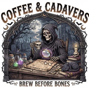 Pu&ograve; includere: Un'illustrazione grafica che mostra uno scheletro incappucciato che beve da una tazza a forma di teschio su una scrivania. Il testo recita COFFEE & CADAVERS e BREW BEFORE BONES. La scena include una mappa etichettata NECROMANTIC PATHS, una lente d'ingrandimento, libri, un gatto nero e boccette.