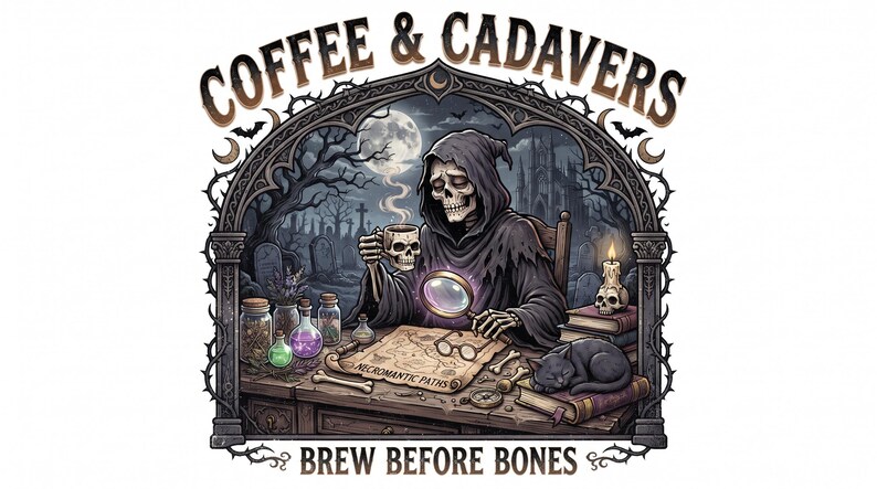 Pu&ograve; includere: Un'illustrazione grafica che mostra uno scheletro incappucciato che beve da una tazza a forma di teschio su una scrivania. Il testo recita COFFEE & CADAVERS e BREW BEFORE BONES. La scena include una mappa etichettata NECROMANTIC PATHS, una lente d'ingrandimento, libri, un gatto nero e boccette.