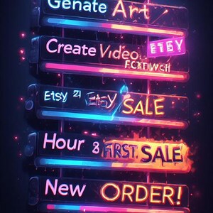 May include: Digital art-themed graphic with neon text on a smartphone-shaped background. The text includes "Generate Art," "Create Video," "Etsy Sale," and "New Order!" The color scheme is vibrant, with pink, blue, and orange hues.
