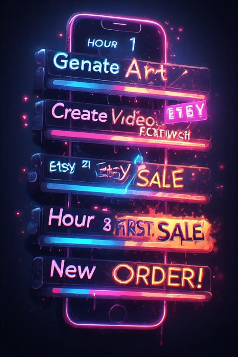 May include: Digital art-themed graphic with neon text on a smartphone-shaped background. The text includes "Generate Art," "Create Video," "Etsy Sale," and "New Order!" The color scheme is vibrant, with pink, blue, and orange hues.