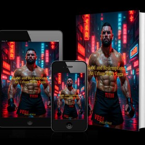 Może przedstawiać: Obraz książki, tabletu i smartfona wyświetlających okładkę "Blood and Redemption: An Urban MMA Saga". Okładka przedstawia umięśnionego mężczyznę w czarnych spodenkach i rękawicach na tle neonowego krajobrazu miejskiego. Widoczne jest nazwisko autora, Philip Way.