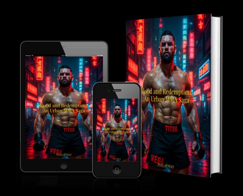 Może przedstawiać: Obraz książki, tabletu i smartfona wyświetlających okładkę "Blood and Redemption: An Urban MMA Saga". Okładka przedstawia umięśnionego mężczyznę w czarnych spodenkach i rękawicach na tle neonowego krajobrazu miejskiego. Widoczne jest nazwisko autora, Philip Way.