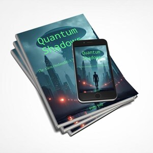 May include: A stack of three books and a smartphone, all displaying the cover art for "Quantum Shadows." The cover features a futuristic cityscape with a silhouetted figure and a UFO. The title is in green.