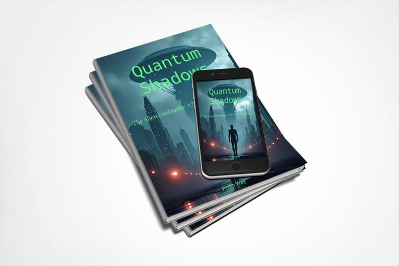 May include: A stack of three books and a smartphone, all displaying the cover art for "Quantum Shadows." The cover features a futuristic cityscape with a silhouetted figure and a UFO. The title is in green.