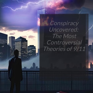 Peut inclure: Illustration num&eacute;rique d'une silhouette regardant une ville sous un ciel orageux avec des &eacute;clairs. Le texte "Conspiracy Uncovered: The Most Controversial Theories of 9/11" et le nom de l'auteur, Philip Way, sont inclus.