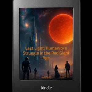 May include: A black Kindle e-reader displaying a book cover with the title "Last Light; Humanity's Struggle in the Red Giant Age" by Philip Way. The cover art depicts figures on a planet with a red giant star and futuristic city.