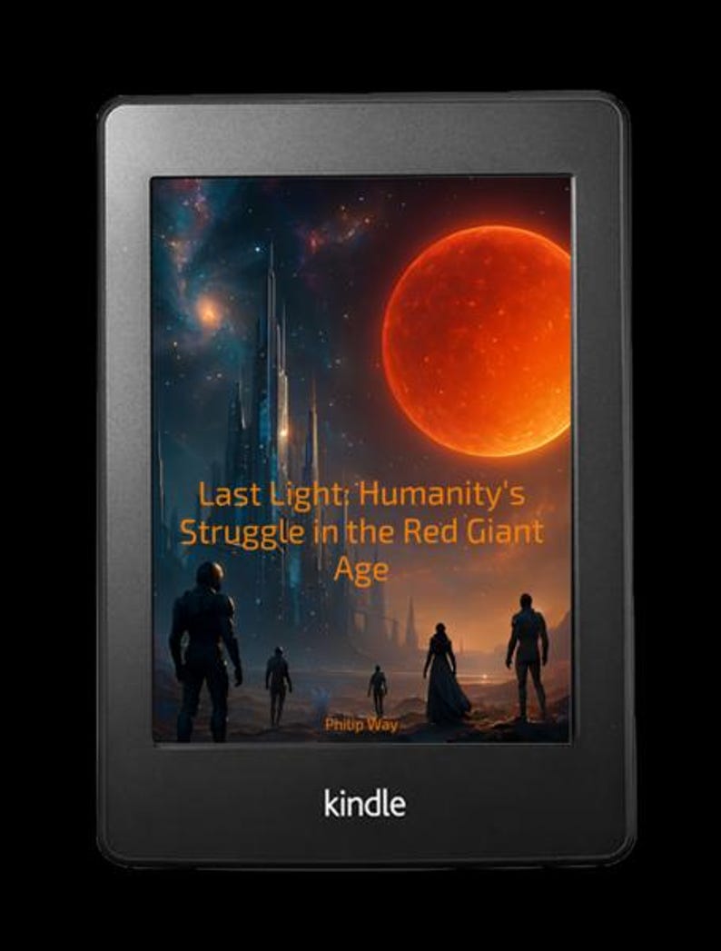 May include: A black Kindle e-reader displaying a book cover with the title "Last Light; Humanity's Struggle in the Red Giant Age" by Philip Way. The cover art depicts figures on a planet with a red giant star and futuristic city.