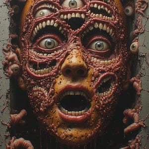Puede incluir: Una obra de arte surrealista y perturbadora que representa un rostro humano con m&uacute;ltiples ojos y bocas. La piel es de un amarillo-marr&oacute;n enfermizo, cubierta de crecimientos carnosos y org&aacute;nicos. La boca abierta revela dientes, y los ojos miran con una expresi&oacute;n vac&iacute;a.