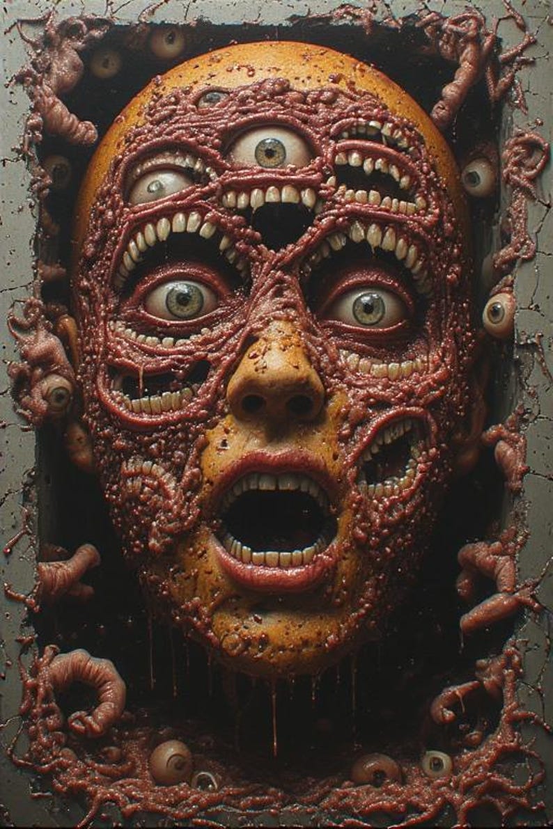 Puede incluir: Una obra de arte surrealista y perturbadora que representa un rostro humano con m&uacute;ltiples ojos y bocas. La piel es de un amarillo-marr&oacute;n enfermizo, cubierta de crecimientos carnosos y org&aacute;nicos. La boca abierta revela dientes, y los ojos miran con una expresi&oacute;n vac&iacute;a.