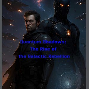 May include: Digital artwork featuring two figures in a futuristic setting. One figure is a man in a dark cloak, the other is a black armored figure with glowing eyes. The text "Quantum Shadows: The Rise of the Galactic Rebellion" is displayed.