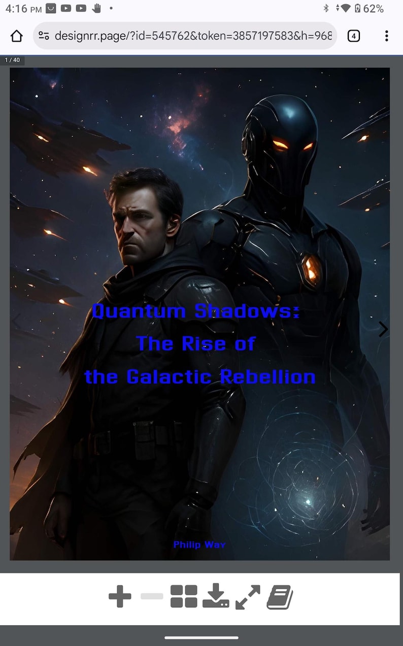 May include: Digital artwork featuring two figures in a futuristic setting. One figure is a man in a dark cloak, the other is a black armored figure with glowing eyes. The text "Quantum Shadows: The Rise of the Galactic Rebellion" is displayed.