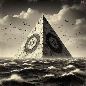 May include: A sepia-toned image of a pyramid rising from a turbulent sea under a cloudy sky. The pyramid features two large circular designs and is surrounded by numerous flying birds.