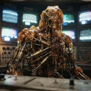May include: A humanoid figure composed of metallic mechanical parts and pistons, partially covered in a thick, amber-coloured viscous substance. The figure is positioned in front of a wall of multiple vintage television monitors and electronic equipment.