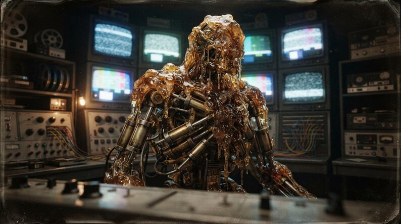 May include: A humanoid figure composed of metallic mechanical parts and pistons, partially covered in a thick, amber-coloured viscous substance. The figure is positioned in front of a wall of multiple vintage television monitors and electronic equipment.