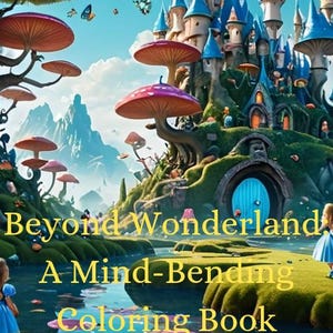 Op de afbeelding: Een fantasierijke kleurboekomslag met een blauw kasteel met een fantasierijk ontwerp, omringd door gigantische paddenstoelen en een rivier met bloemen. De tekst "Beyond Wonderland: A Mind-Bending Coloring Book" staat in het geel.