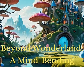 May include: A whimsical coloring book cover featuring a blue castle with a whimsical design, surrounded by giant mushrooms and a river with flowers. The text "Beyond Wonderland: A Mind-Bending Coloring Book" is displayed in yellow.