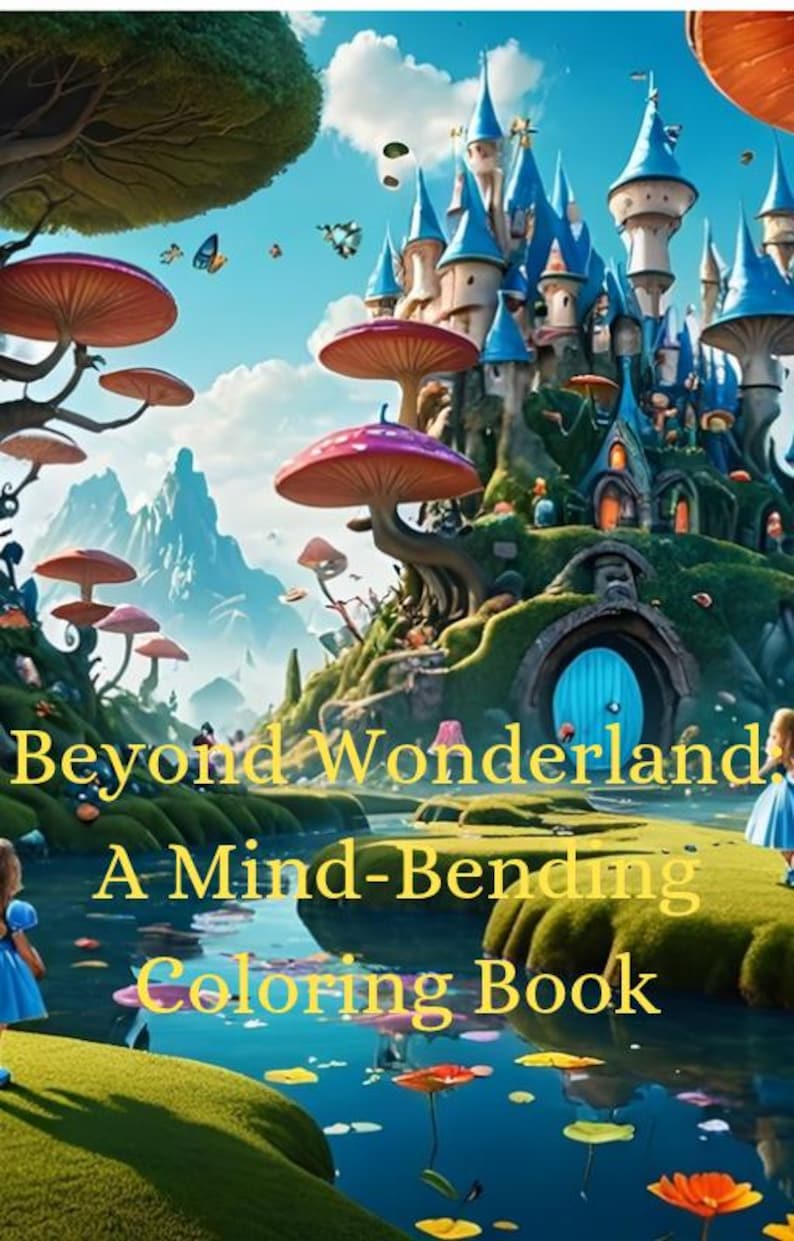 K&ouml;nnte beinhalten: Ein fantasievolles Cover f&uuml;r ein Malbuch mit einem blauen Schloss im fantasievollen Design, umgeben von riesigen Pilzen und einem Fluss mit Blumen. Der Text "Beyond Wonderland: A Mind-Bending Coloring Book" ist in Gelb dargestellt.