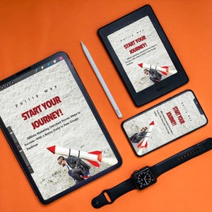 May include: An orange background with a tablet, e-reader, smartphone, smartwatch, and stylus. Each device displays the text "START YOUR JOURNEY!" with a rocket graphic. The smartwatch has a black band.