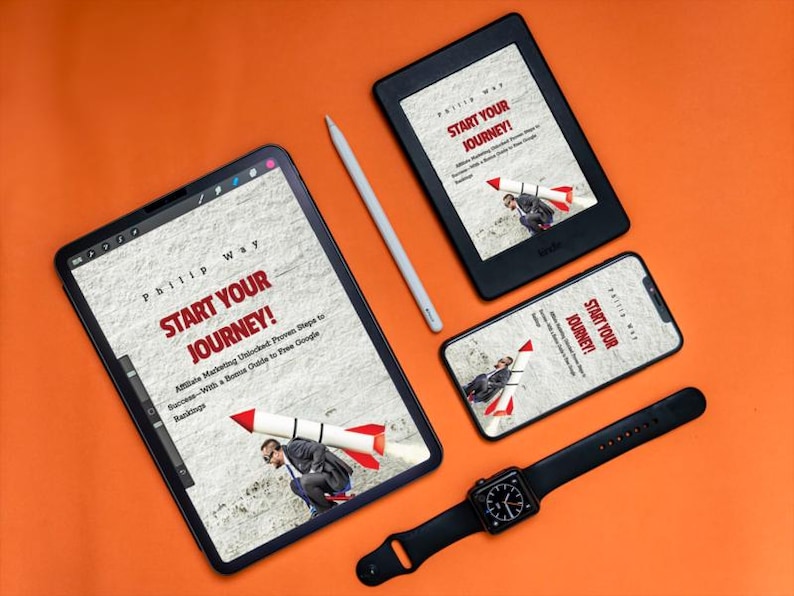 May include: An orange background with a tablet, e-reader, smartphone, smartwatch, and stylus. Each device displays the text "START YOUR JOURNEY!" with a rocket graphic. The smartwatch has a black band.