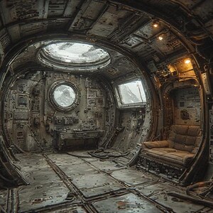 Op de afbeelding: Een interieur van een ruimteschip of futuristische structuur. De muren en het plafond zijn metaalachtig met diverse panelen, ramen en een cirkelvormig dakraam. Rechts staat een versleten, gewatteerde bank. Het kleurenpalet is gedempt, met grijstinten en bruin.