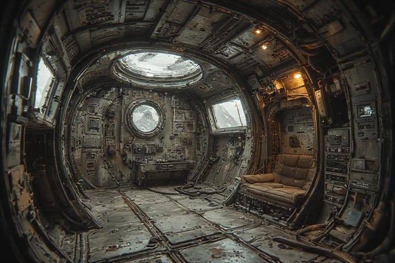 Op de afbeelding: Een interieur van een ruimteschip of futuristische structuur. De muren en het plafond zijn metaalachtig met diverse panelen, ramen en een cirkelvormig dakraam. Rechts staat een versleten, gewatteerde bank. Het kleurenpalet is gedempt, met grijstinten en bruin.